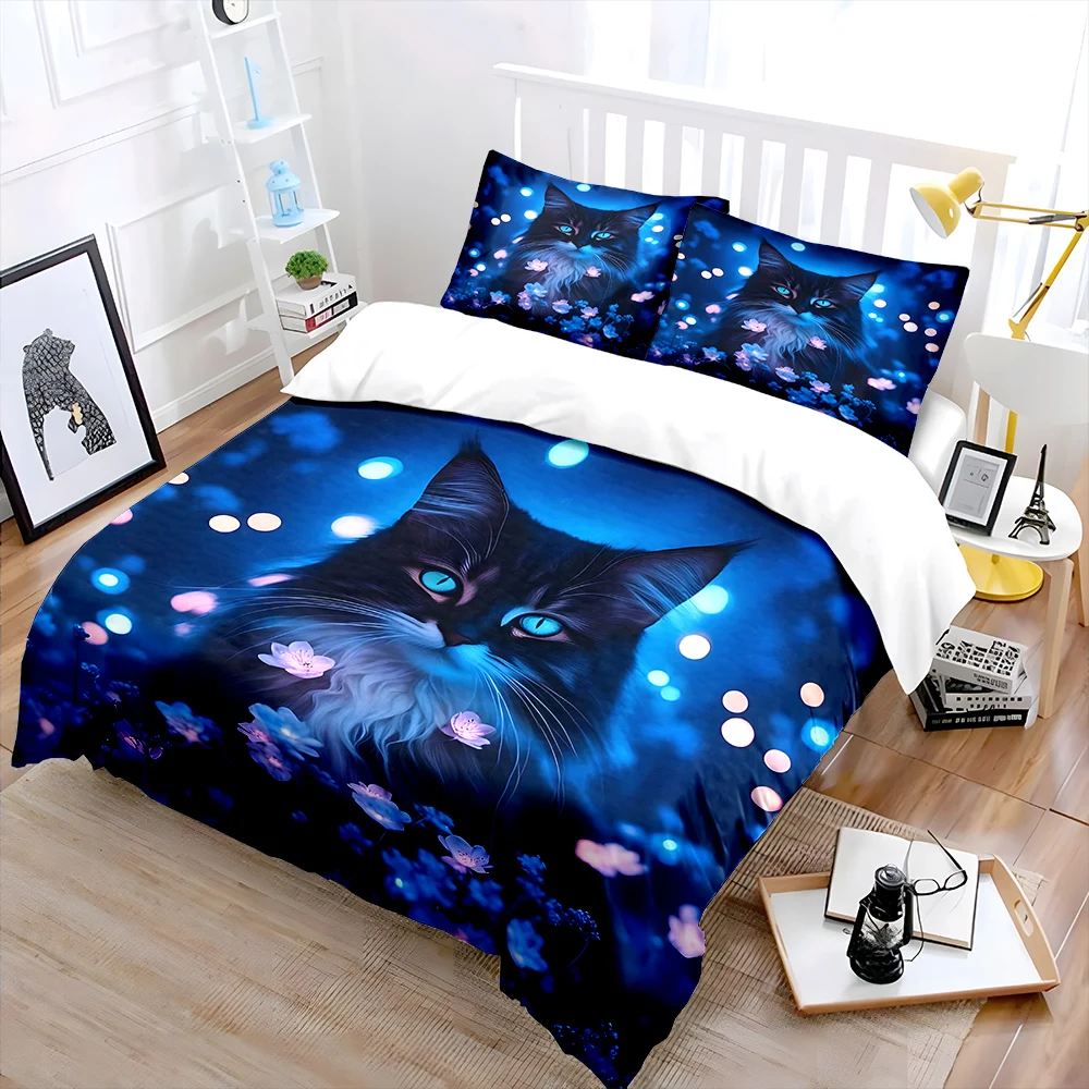 Dreamy glowing cat with blue background Pattern Duvet Cover Set Digital Print Colorful Polyester Bedding with Zipper Closur