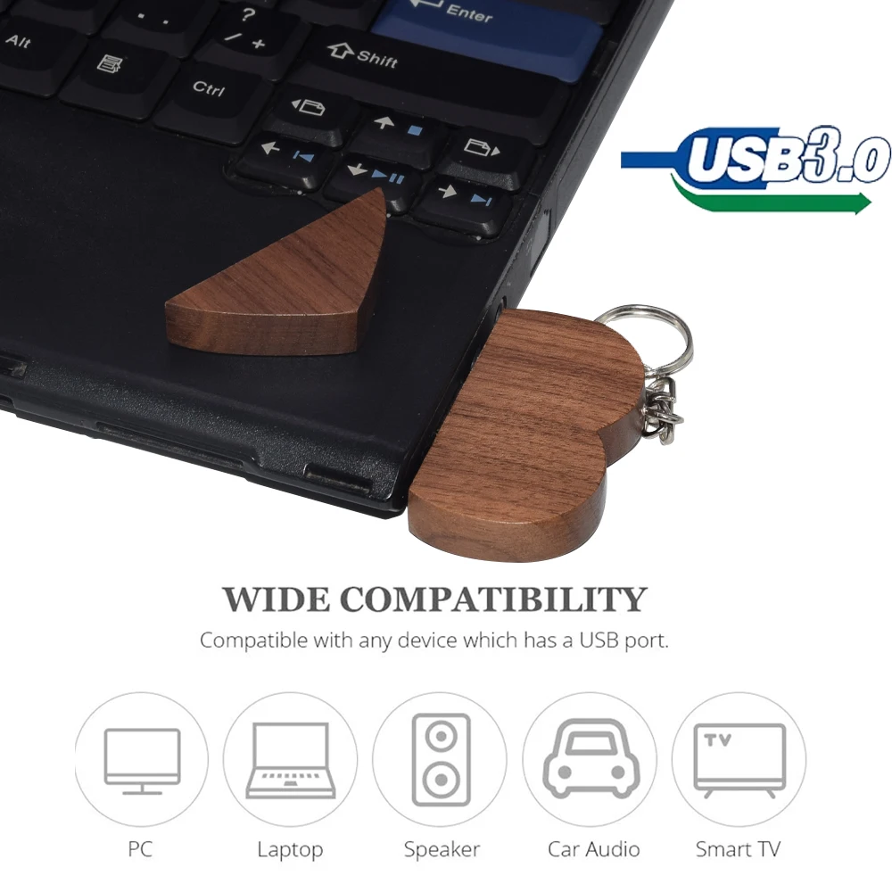 木製ハートフラッシュドライブ,USB 3.0メモリスティック,ペンドライブ,Uディスク,無料ロゴ,ウェディングギフト,8GB, 16GB, 32GB, 64GB, 50個ロット