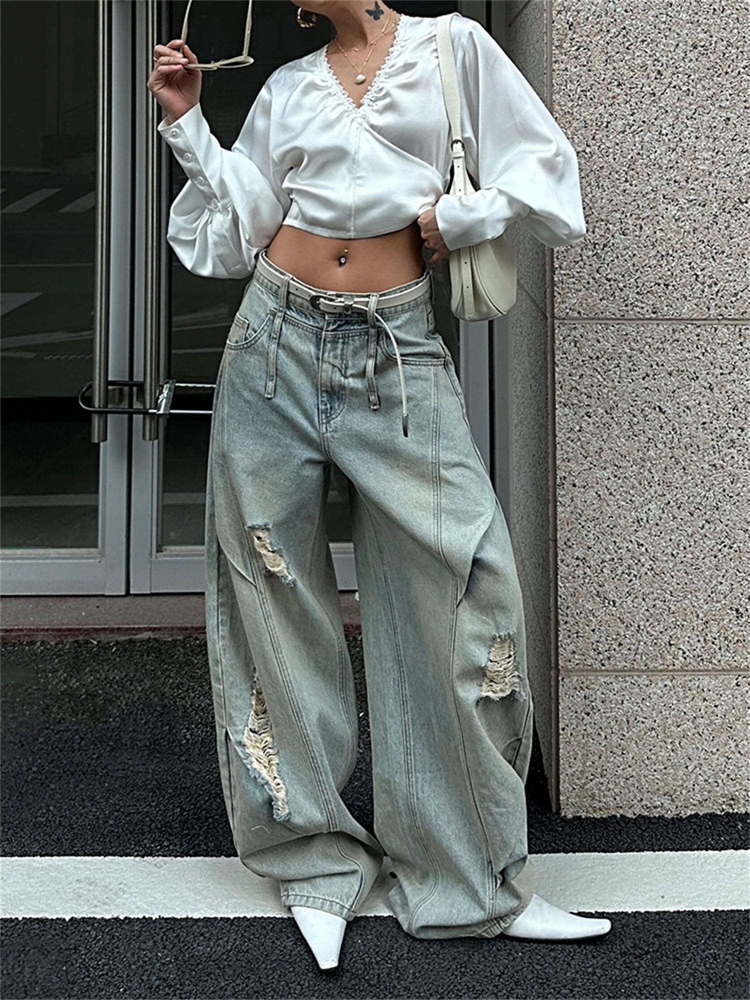 Women's Light Gray Distressed Oversized Wide Leg Denim Jeans Ripped Detail Vintage Wash Casual Streetwear Ladies Pants