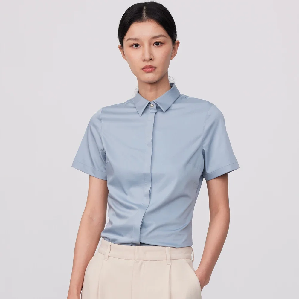 Ladies Office Summer Casual Concealed Buttoned Placket Blouses Shirt Without Pocket Slight Stretch Short Sleeve Female Shirts