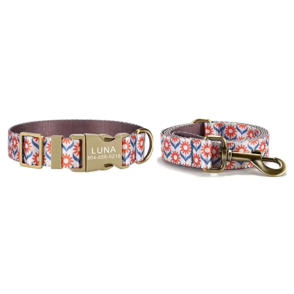 

Personalized Dog Collar with Free Engraving, Matching Pet Leash,Customzied Contacts Buckle, Sun Symbol Flower Pet Collar