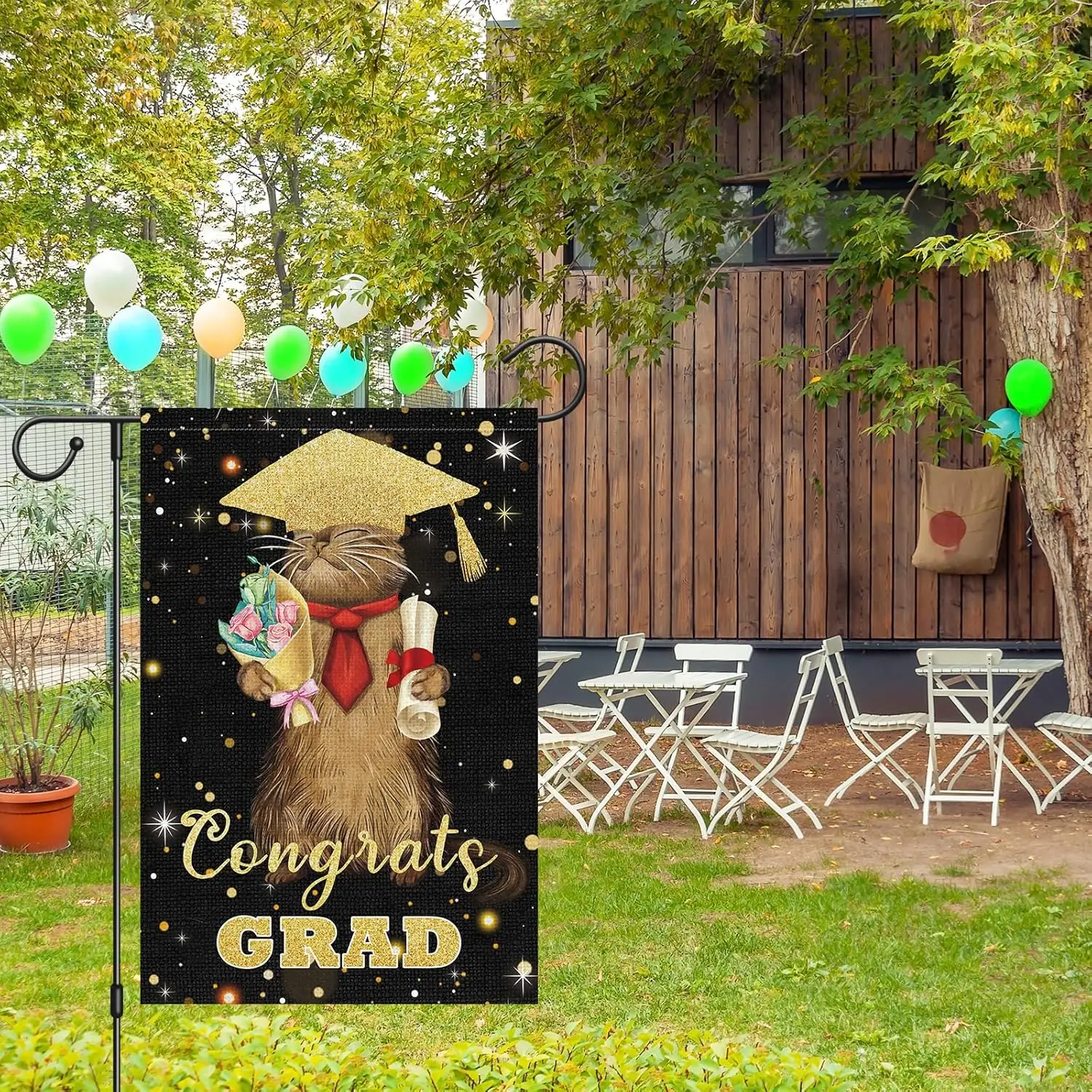 Graduation Garden Flag 12x18 Double Sided Burlap, Small Congrats Grad Cat Garden Yard Flags Sign Banner for Graduation Party Out