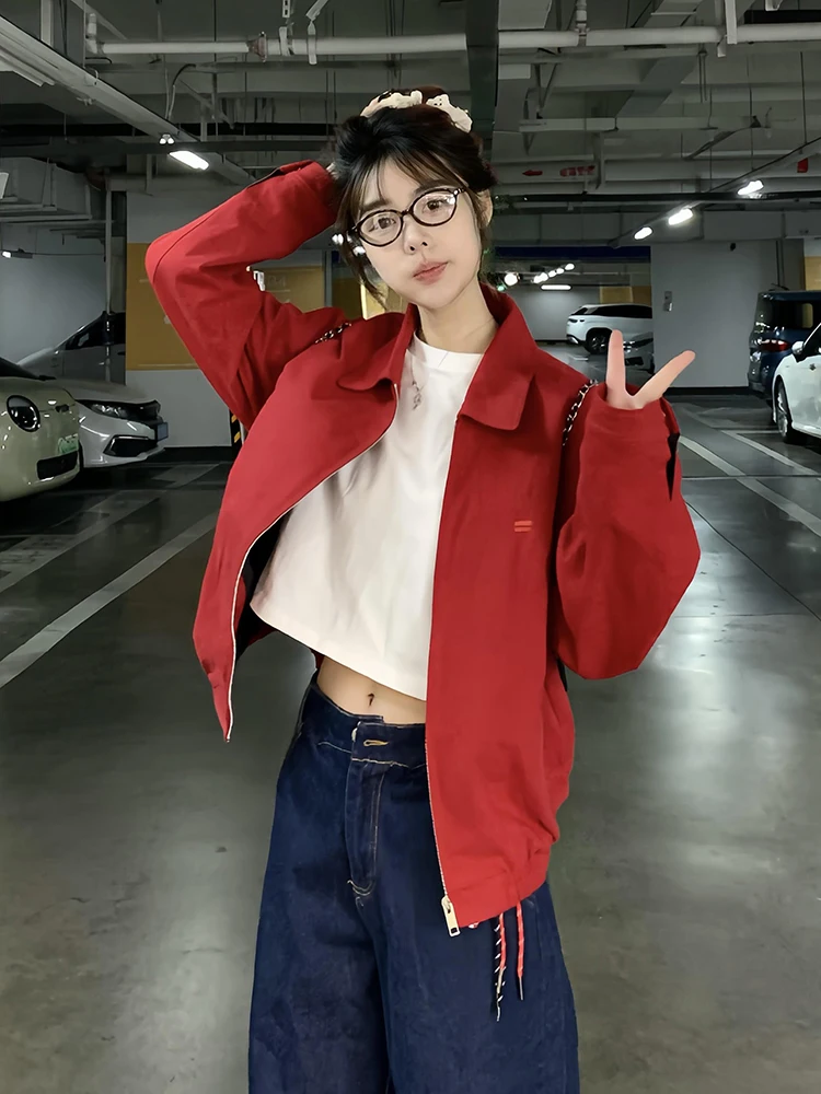 Chaqueta Harrington Roja Unisex, Estilo Casual, Retro Americano, Básica, Primavera-Otoño, Nueva Llegada, Abrigo Moderno que Combina con Todo para Mujer