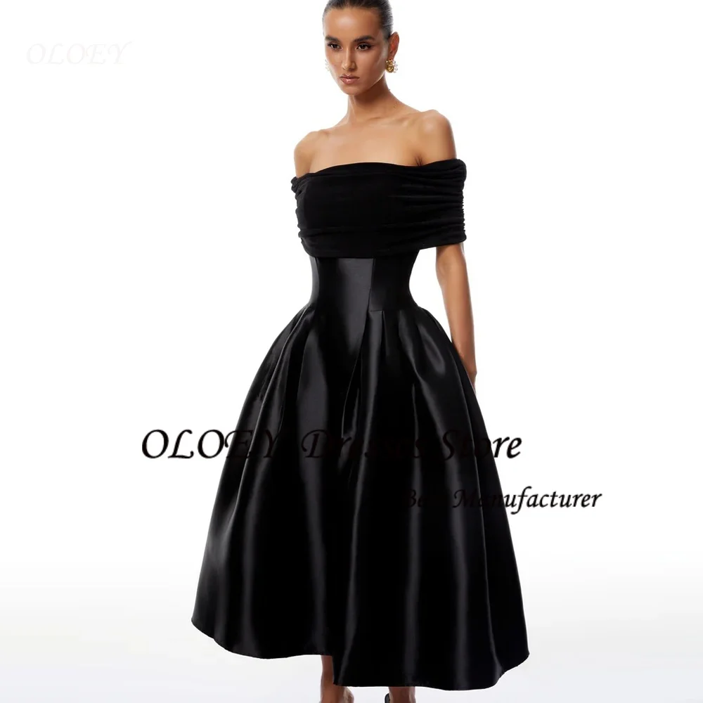 

OLOEY Modern Black Satin Evening Dresses A-Line Off Shoulder Beaded Lace-up Simple Party Dress Tea Length Prom Gown