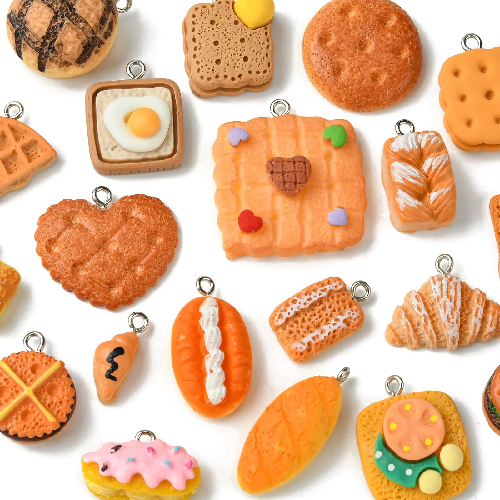 Pandahall 20Pcs Mixed Styles Resin Handmade Simulation Food Charms Imitation Bread Toast Food Dangle Charms for Jewelry Making