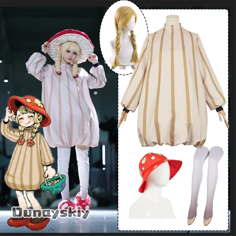

XT8Marcille Donato Red Walking Mushroom Anime Cosplay Costume Striped Coat Hats Socks Set Uniform Anime Outfit Wig Prop SuiXT6@!