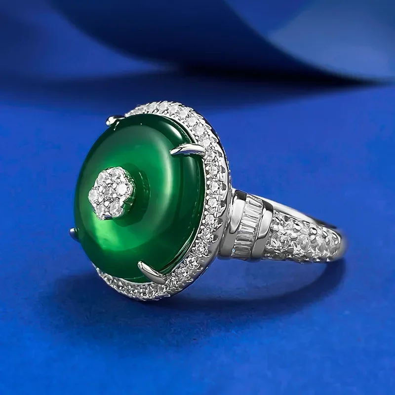 NEW S925 Silver Ring High Carbon Diamond New Chinese Series 15 * 15 Jade Marrow Green Green Green Peace Buckle Ring