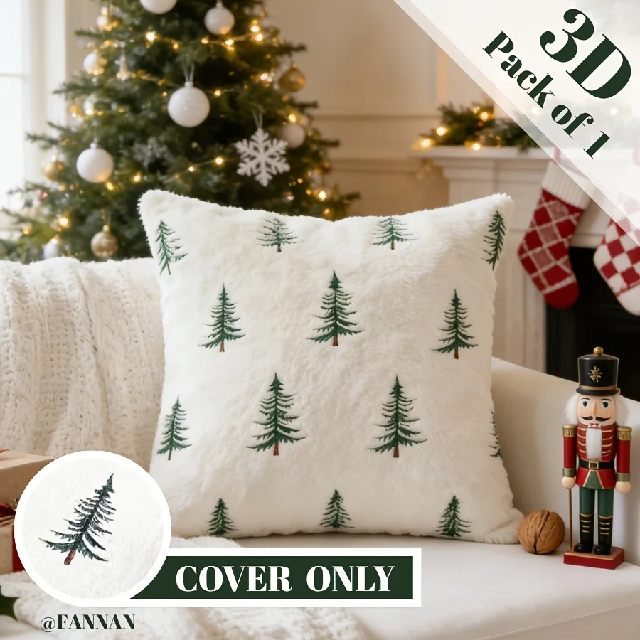 Christmas Faux Rabbit Fur Pillow Cover Tree Embroidered Fuzzy Cushion Cover 30X50/45x45cm Pillow Case for Holiday Home Decor