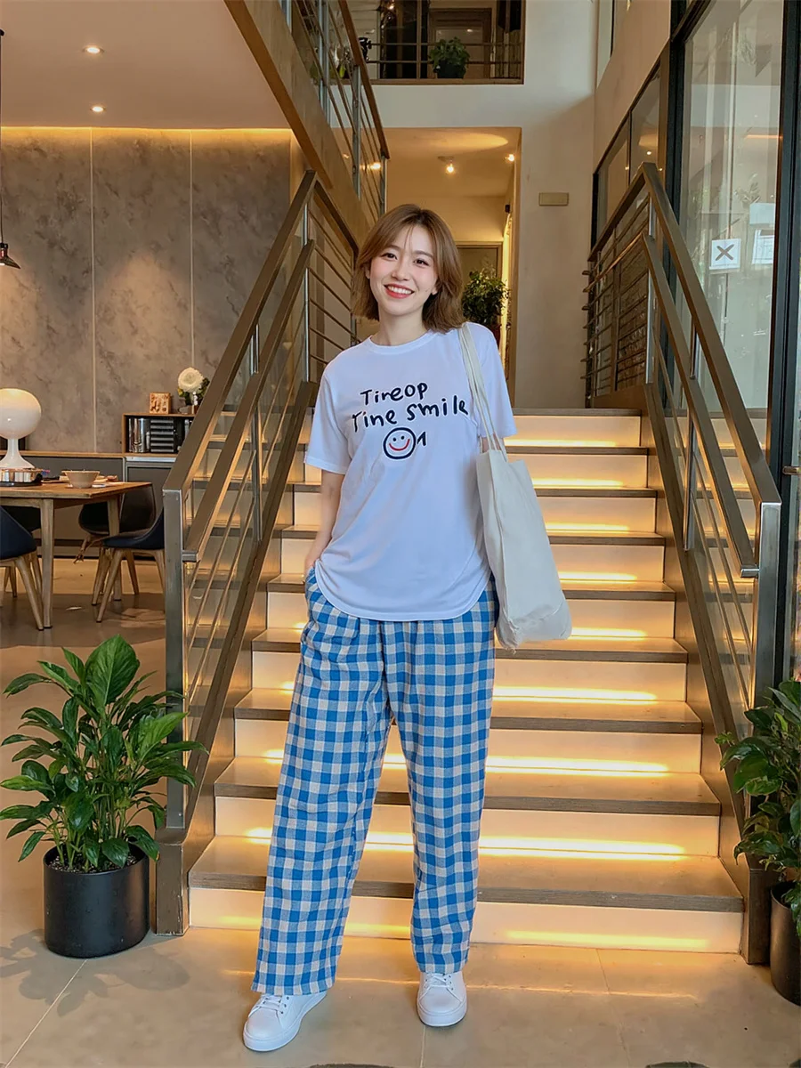 Disegni di pantaloni per donna Blu Rosa Plaid Palazzo Gamba extra larga che scorre Elegante festa serale formale Occasioni speciali Drappeggio