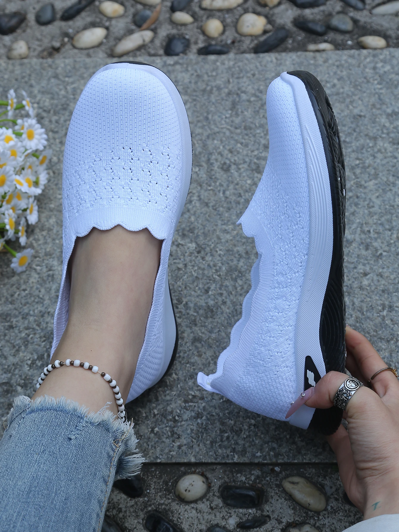 Damen-Slip-On-Freizeitsneaker aus Strick, atmungsaktive, leichte Komfort-Wanderschuhe mit Muschelbesatz, kostenloser Versand – Detail 19