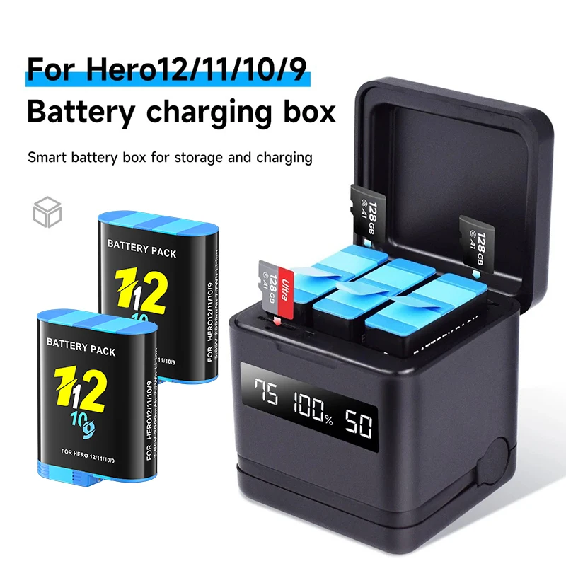 

PALO 2000 мАч Аккумулятор для камеры GoPro Hero 12 11 10 9 Аккумулятор 3-ходовой быстрый зарядный ящик для хранения карт TF для GoPro Hero Аксессуары