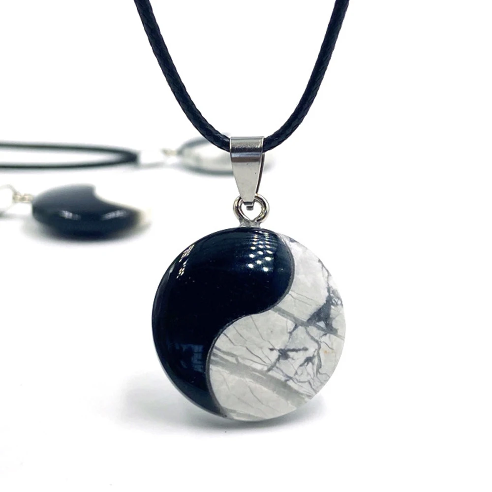 

Tai Chi Yin Yang Pendant Natural Stone Black Agates White Turquoises Splicing Reiki Healing Energy Amulet Charms Necklace