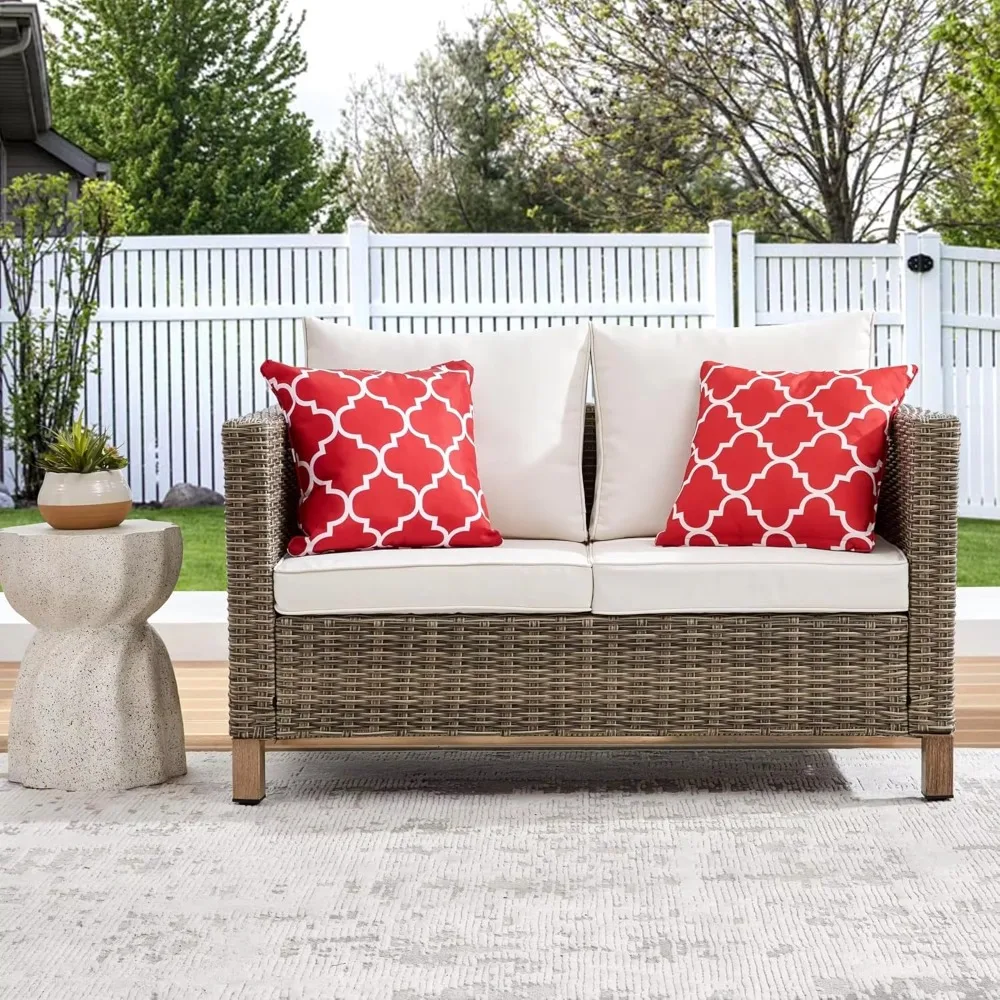 

Rattan PE Wicker Loveseat Sofa, All Weather 2 Seater Patio Sofa w/Cushions, Loveseat Couch Outdoor Furniture for Backyard