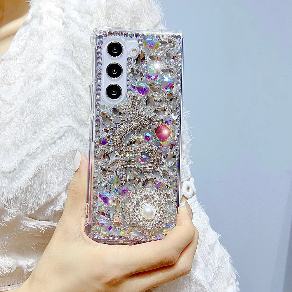 Luxury Diamond Dragon Rhinestone Pearl Flowers Phone Case For Samsung Galaxy Z Fold 5 4 3 2 Full Bling Crystal Clear PC Cover