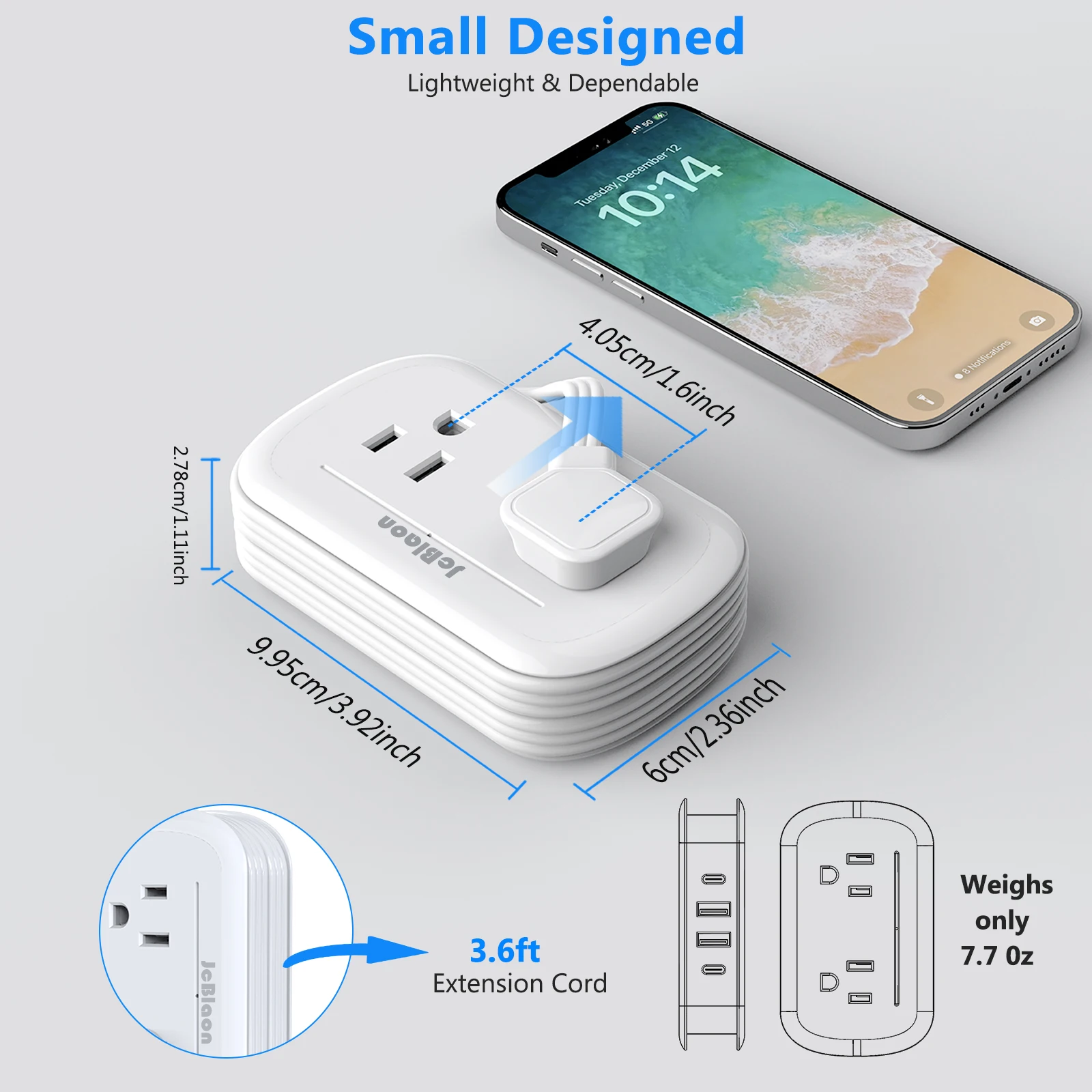 Power Multi Tap Universal Plug US 8-in-1 Outlet Power Strip AC Type C USB Port with 3.6FT Extension Cord Portable Network Filter