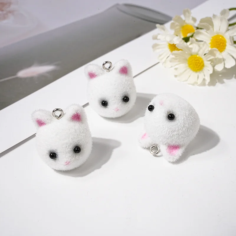 30Pcs3D Flocking Rabbit Charms Cute Cartoon Cat Pendant for Making Diy Bracelet Necklace Earrings Handmade Accessories Supplies