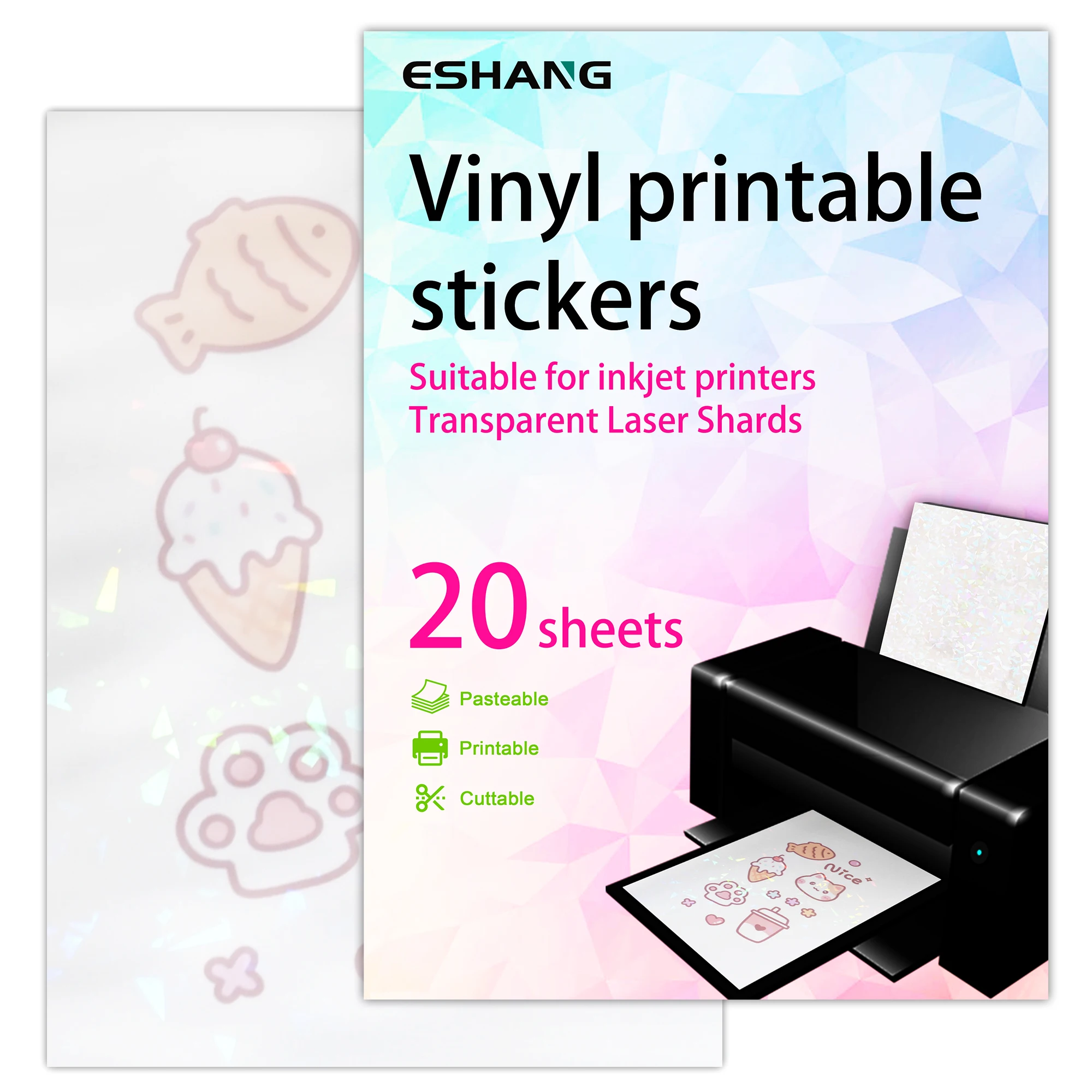 ESHANG Holographic Laser Glass Vinyl Sticker Paper, A4 20 SHEETS Printable Self-Adhesive for DIY Decals