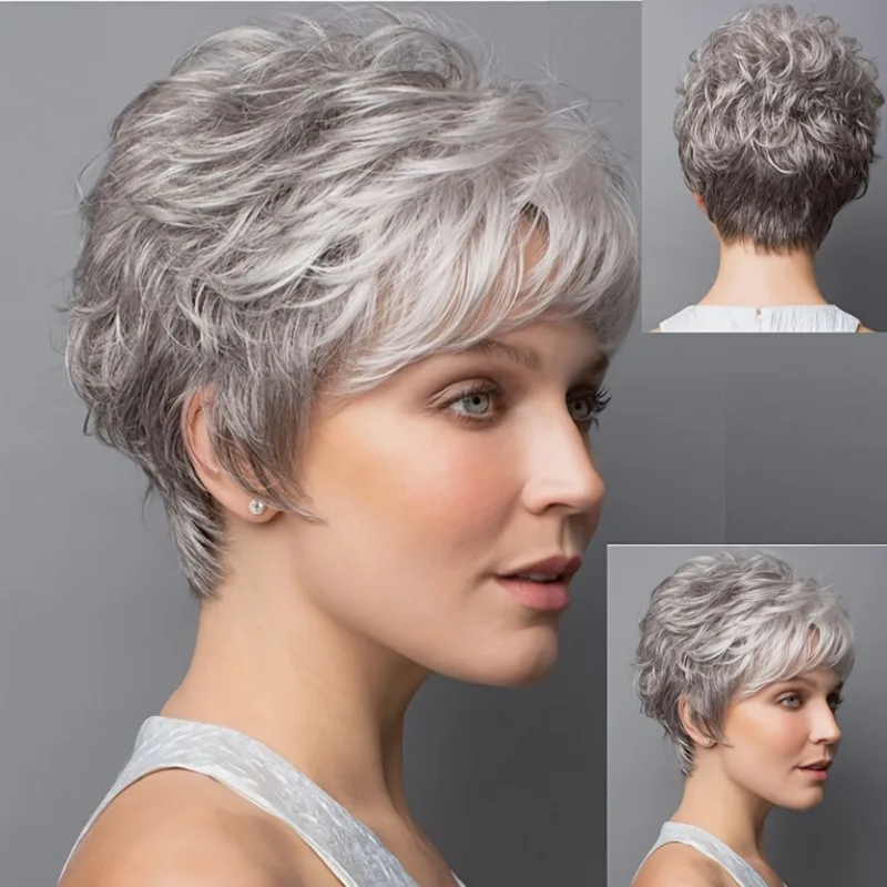 

Серый натуральный вьющийся синтетический парик из химического волокна, подходящий для женского повседневного стиля и как аксессуар для парика для праздничных вечеринок.