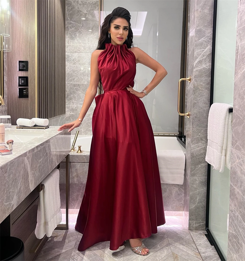 

High quality Halter Ball gown Cocktail Evening Fold Draped Satin Prom Dresses ره نسائيه فخمة robe pour cérémonie de mariage