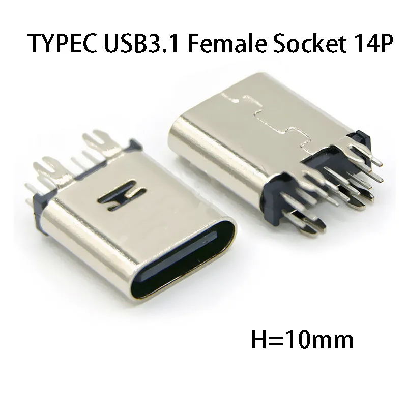 1PC TYPEC USB3.1 Female Socket 14P Upright Fast Charging Harpoon Foot H=10.0mm 90 180 Degree Charg Port Plug Interface Connector