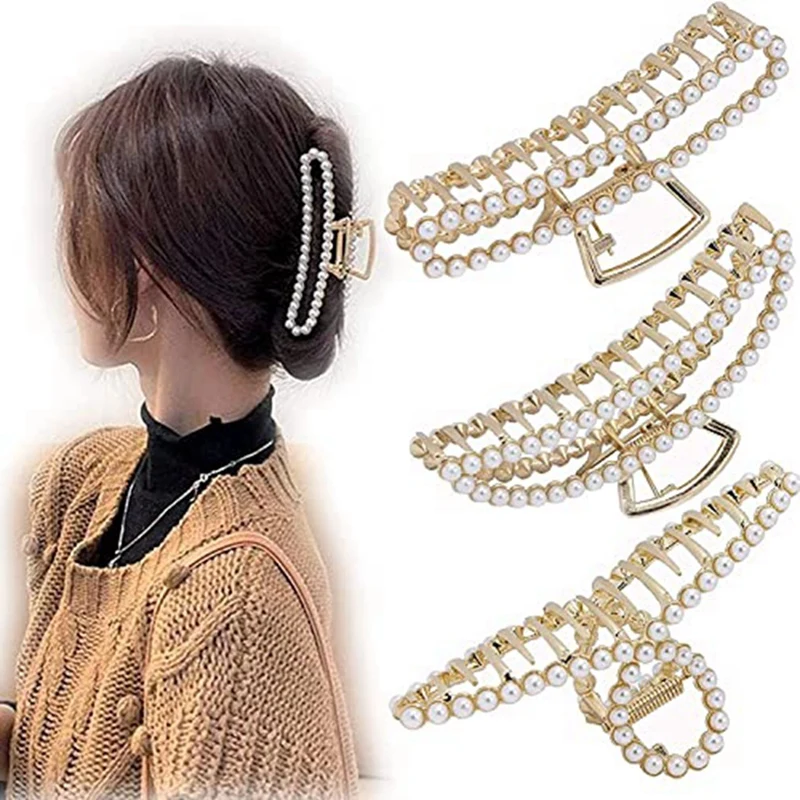 3 Pieces Of Large Metal Pearl Hair Clips, Suitable For Thick Hair, Fashionable Hair Clips