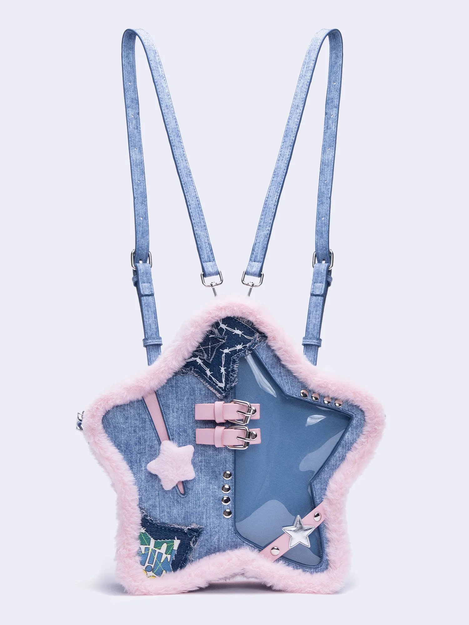 

Оригинальная джинсовая сине-розовая сумка-мессенджер с контрастными цветами, пентаграммой, необработанными краями, кожаной пряжкой и заклепками, на двойном плечевом ремне, женская