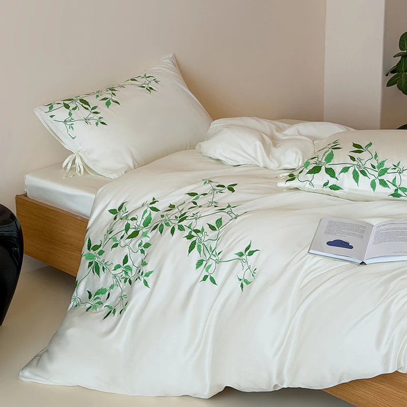 600TC Lyocell Soft Silky Cooling Summer Luxury Embroidery Bedding Set Duvet Cover Flat/Fitted Bed Sheet Pillowcases 4Pcs