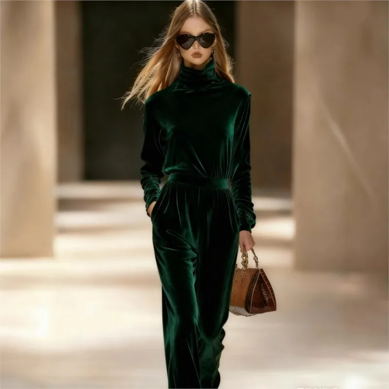 

Простая бархатная водолазка, пуловер и брюки, женские новые однотонные свободные комплекты с высокой талией, элегантные плиссированные карманы с длинными рукавами, комплект из 2 предметов