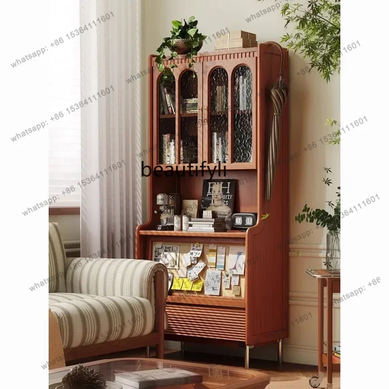 

Retro solid wood bookcase Floor-to-ceiling glass door display cabinet Living room study storage cabinet