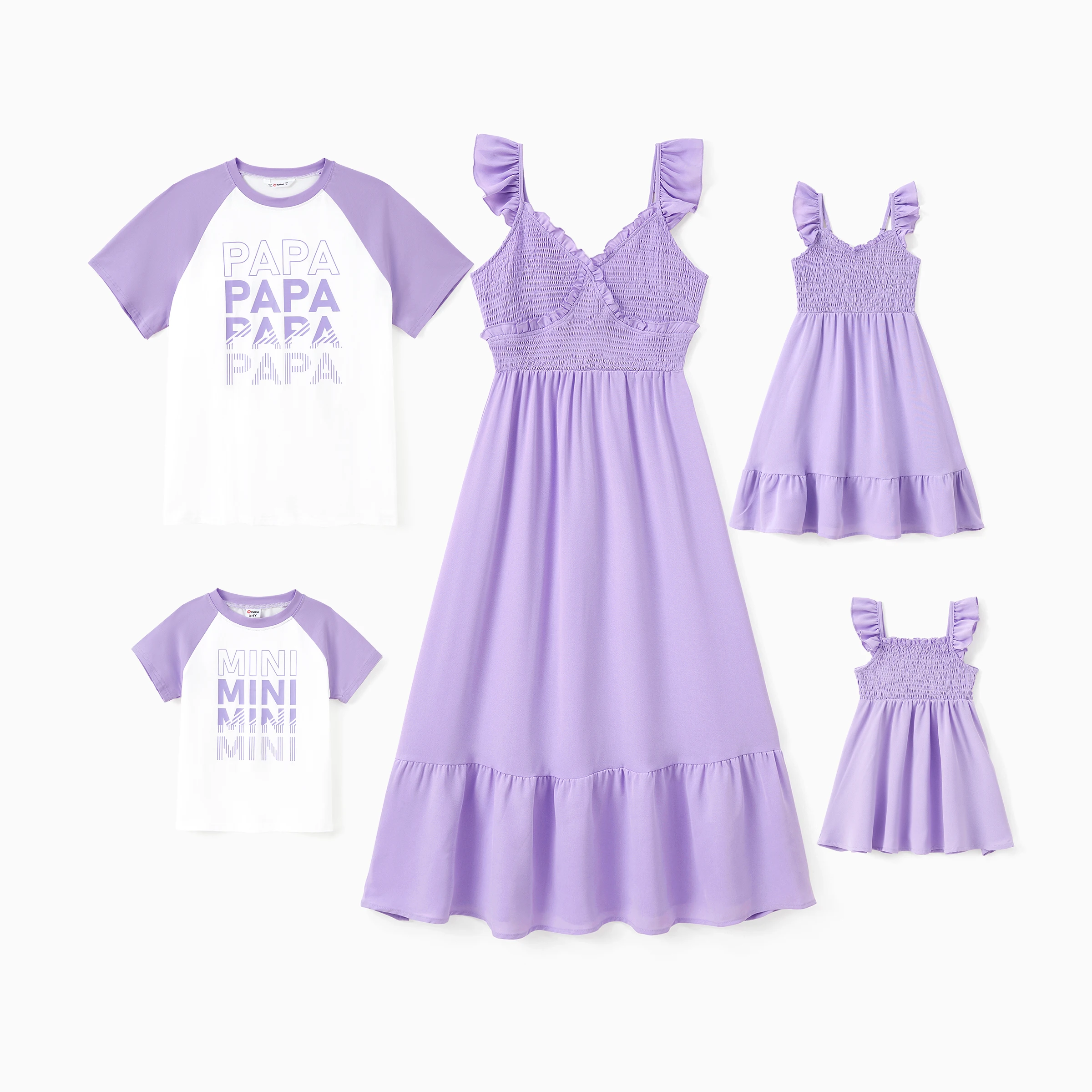 PatPat Family Matching Sets Purple Raglan Sleeves Tee or Shirred Top Ruffle Hem Strap Dress