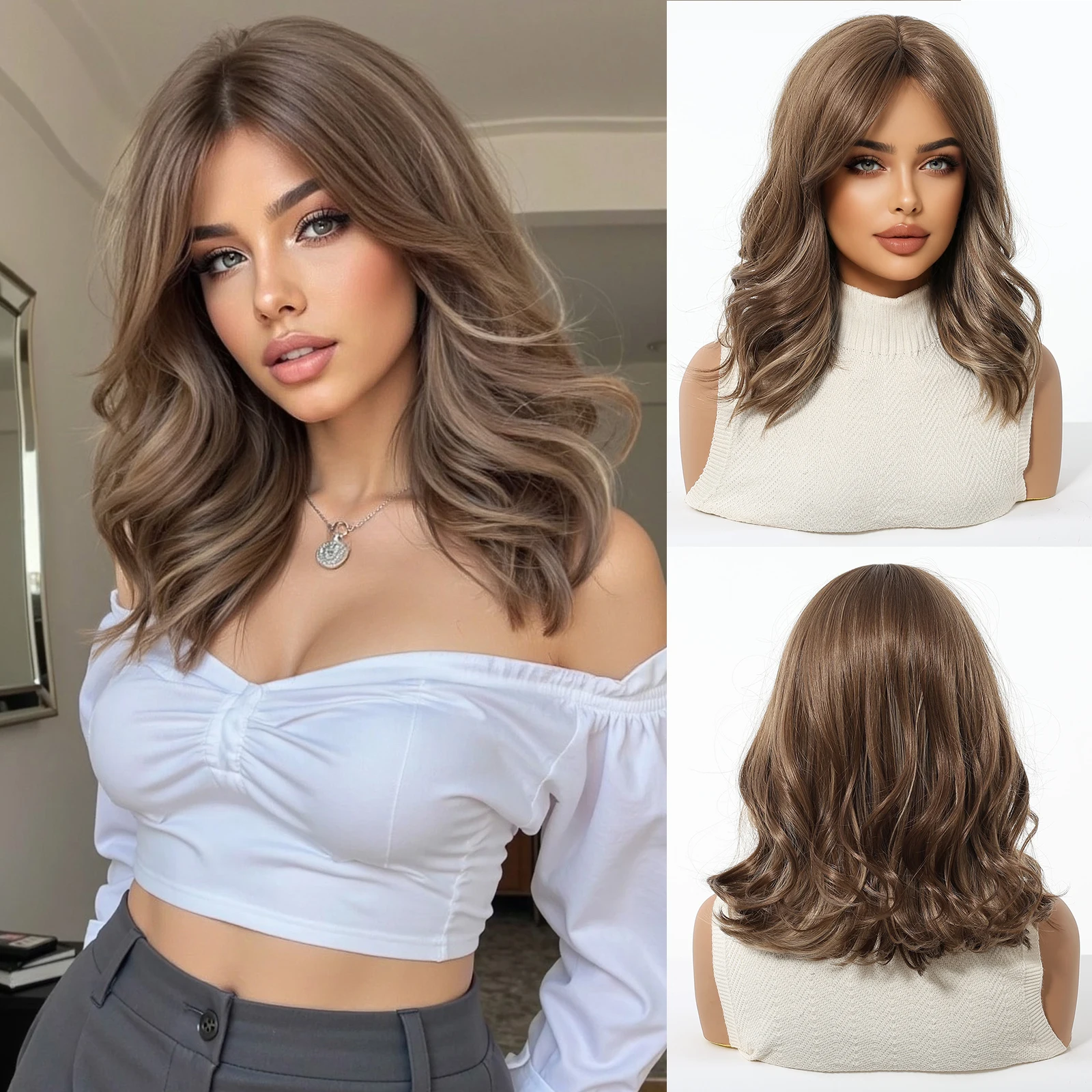 

Honey Brown Synthetic Wig Short Wavy Wigs with Medium Part Bangs Cosplay Daily Lolita Curly Hair Wigs for Women Heat Resistant