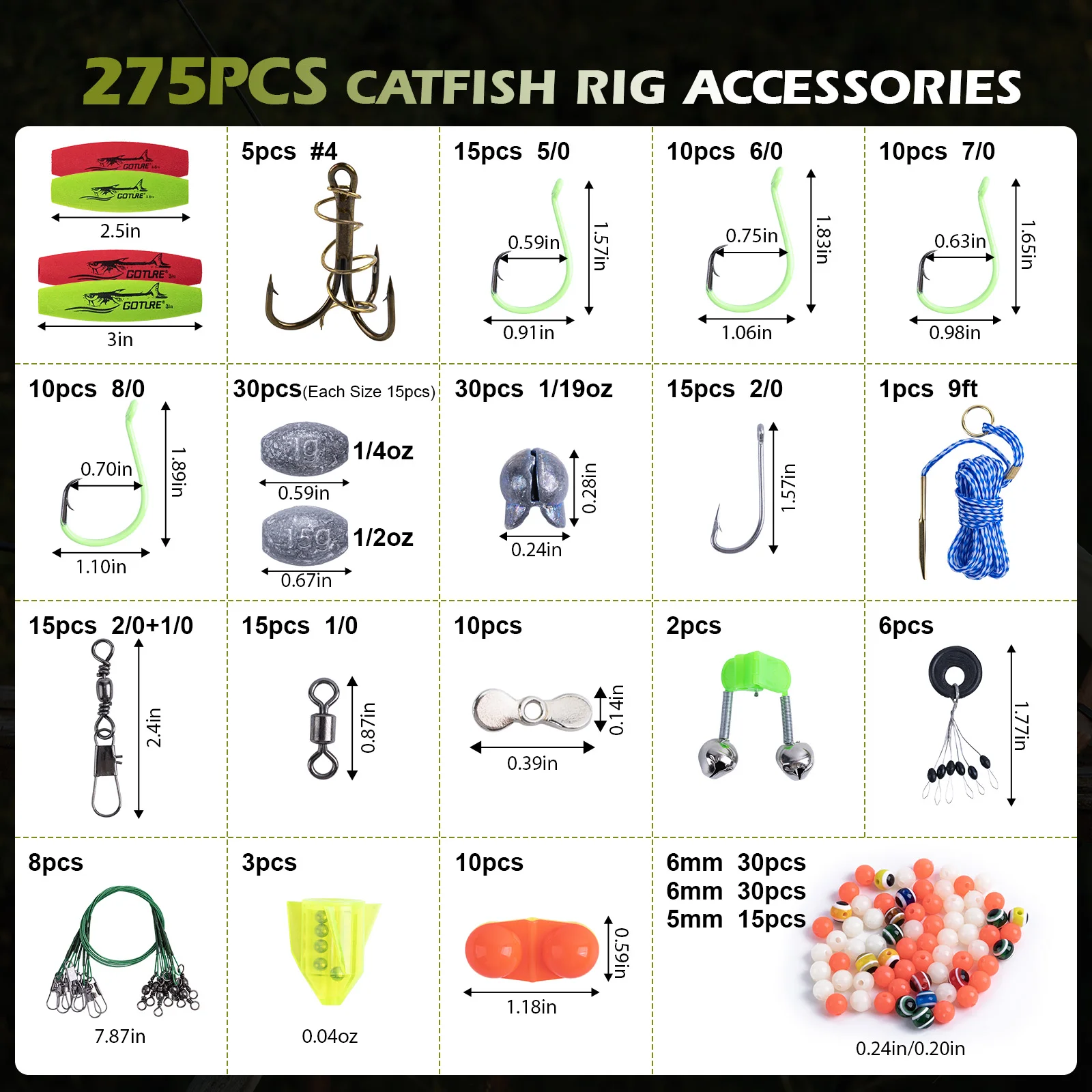 

Набор для самостоятельной сборки оснастки для ловли сома Goture, 274/300 шт., острые светящиеся крючки, шумящие бусины, поплавки, портативный кейс для хранения, для любителей ловли сома