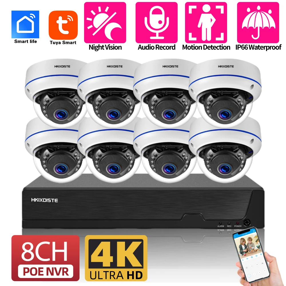 4K Ultra HD POE IP Dome Camera System Set 8MP 10CH NVR Kit Outdoor Waterproof Audio CCTV Security Surveillance Camera System Kit