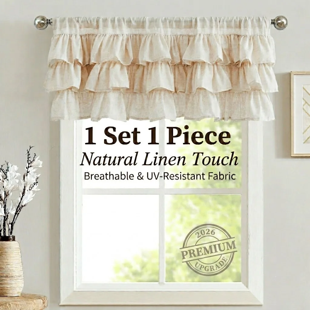 Jinchan Ruffled Linen Valance for Kitchen Modern Farmhouse Cafe Curtain Aesthetic Short Window Treatment Partition 1 Panel