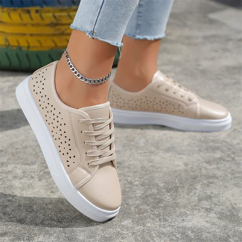 Women\'s Cutout Sneakers Summer New Lace-up White Shoes Plus Size Female Casual Flat Breathable Sports Ladies Vulcanized Shoes