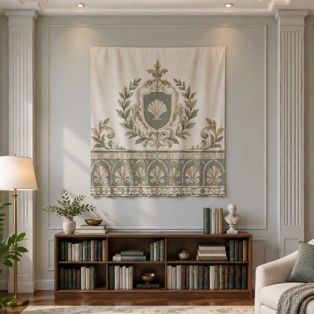VIKAMA Geometric Crest Motif Layered Bands Tapestry Wall Hanging, Neoclassical Wall Art Tapestries for Study Living Room Bedroom