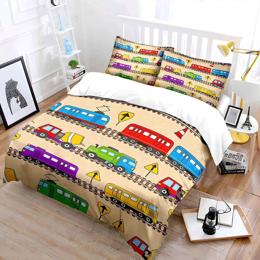 Colorful Trains and Traffic Signs Background Print Bedding Set 1 Duvet Cover 2 Pillowcases for Adult and Children Luxury Gift