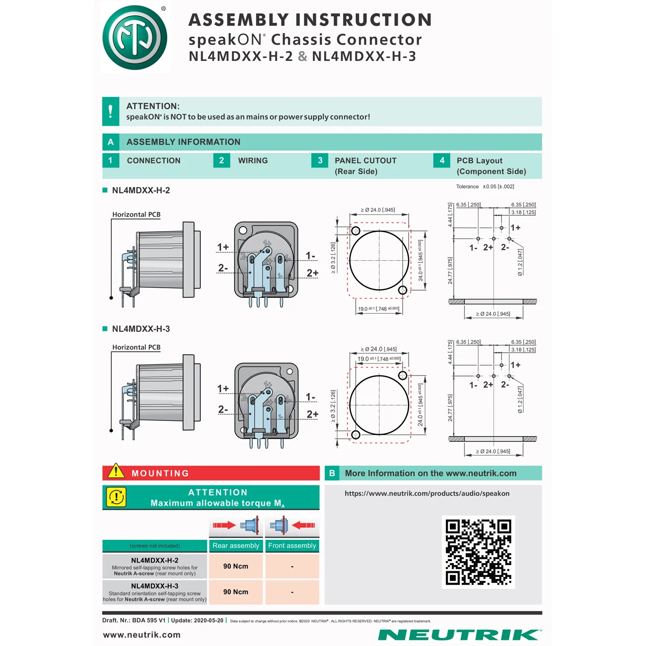 Neutrik 4 Pole speakON PCB Socket Speaker Amplifier Chassis Connectors Vertical / Horizontal PCB Mount NL4MDXX-V-2 NL4MDXX-H-3