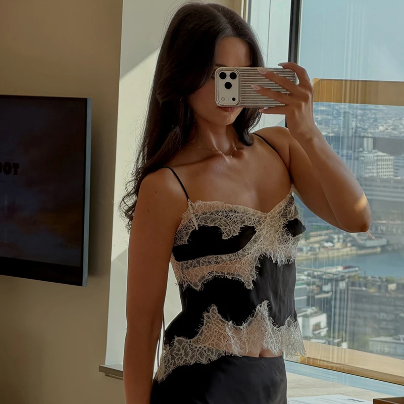 Women 2 Piece Outfits Black Satin White Eyelash Lace Cami Top Midi Skirt Set Spaghetti Strap V Neck Lace Patchwork Matching Set