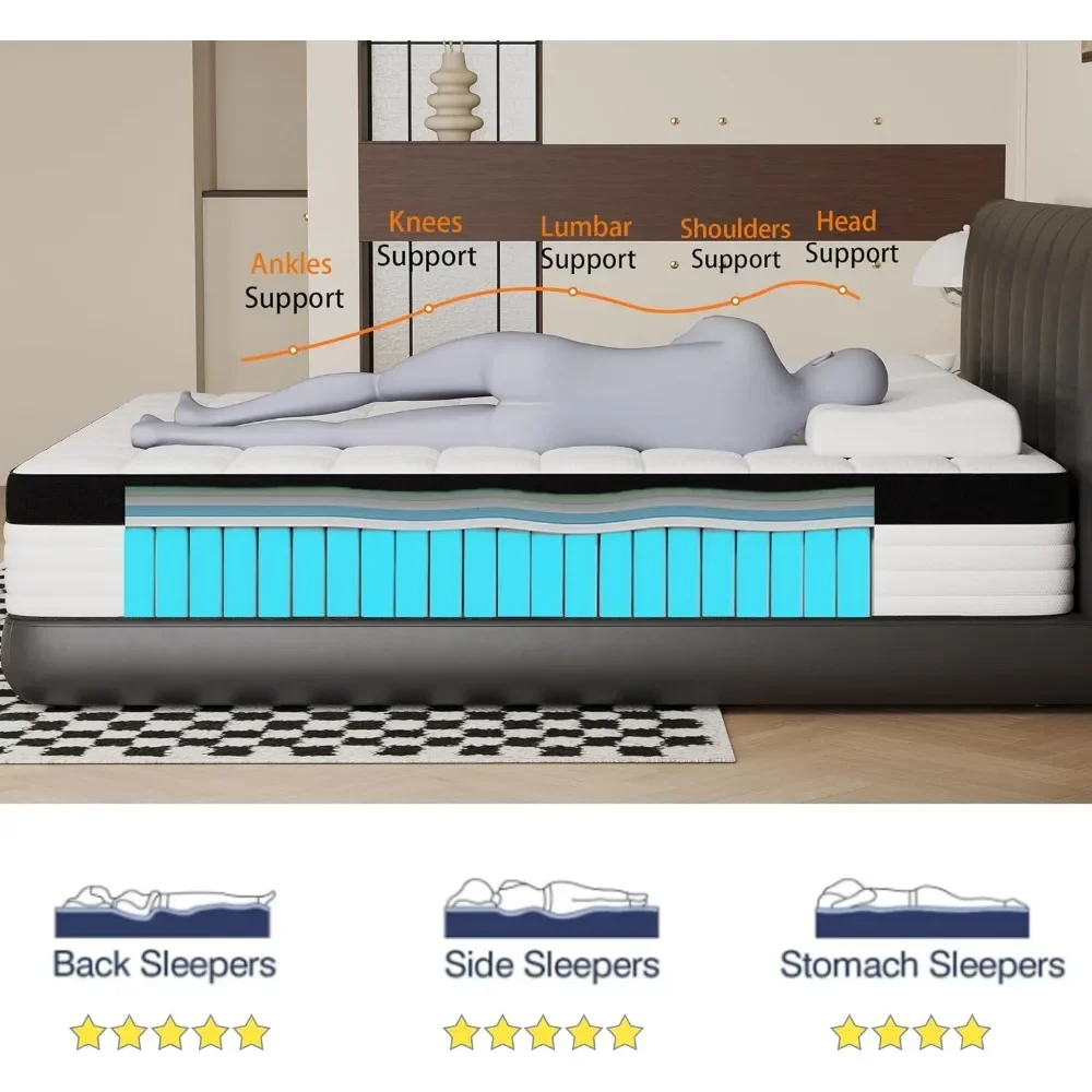 Matelas Hybride Complet de Taille Moyenne avec Mousse à Mémoire de Forme et Ressorts Poches, 3 Bobines, 12 Pouces