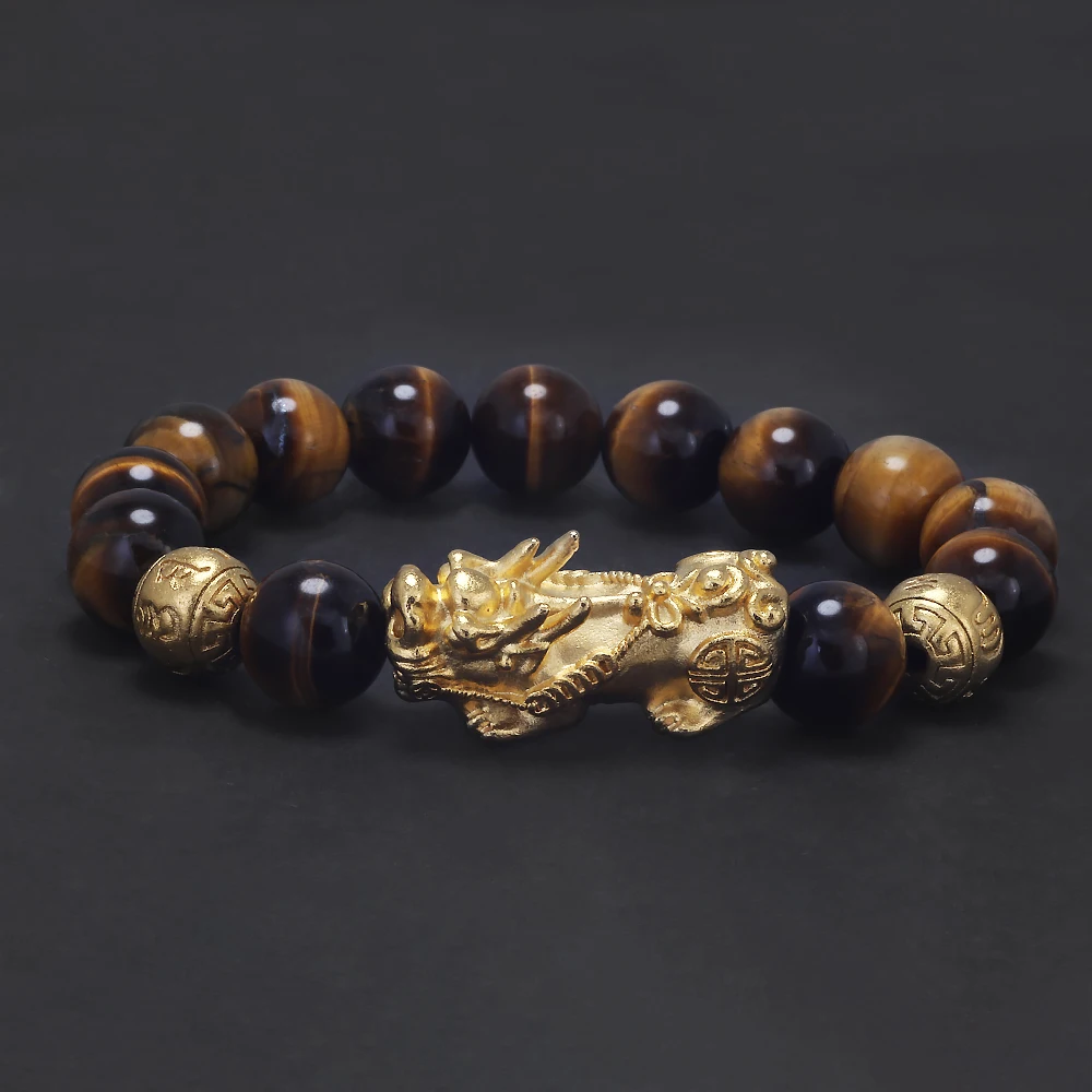 10mm 12mm Pixiu Charm Natural Stone Beads Bracelet for Men Black Onyx Tiger Eye Black Obsidian Vintage Fengshui Luck Jewelry