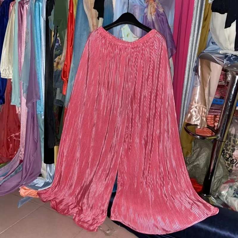

﻿Men women Ice Silk Trouser Pleated Loose Vintage Stripe Long Pants Sissy Cos High Waist Elastic Bright Color Wide Leg Culottes
