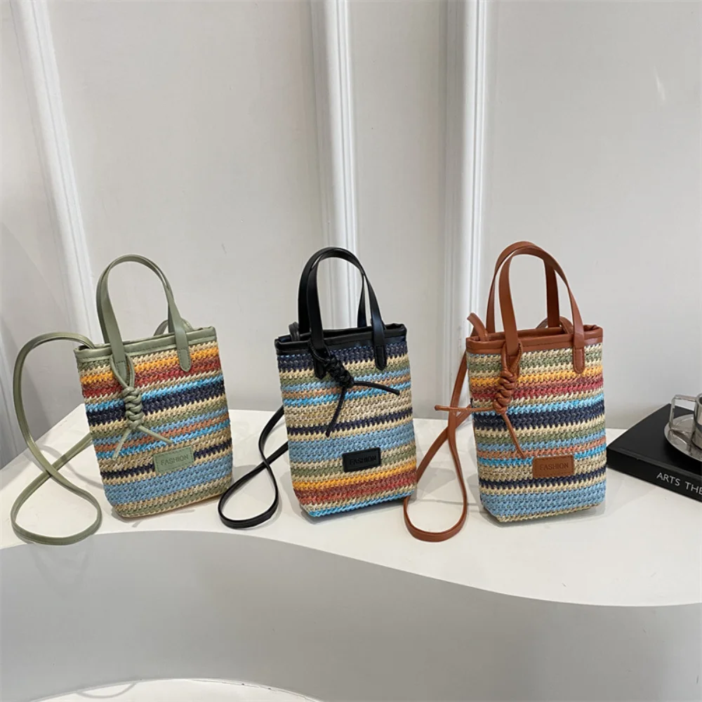 

Contrasting Color Striped Straw Crossbody Bags Women's Summer Portable Large Capacity Shoulder Bag Beach Bag Fashion Phone Chain