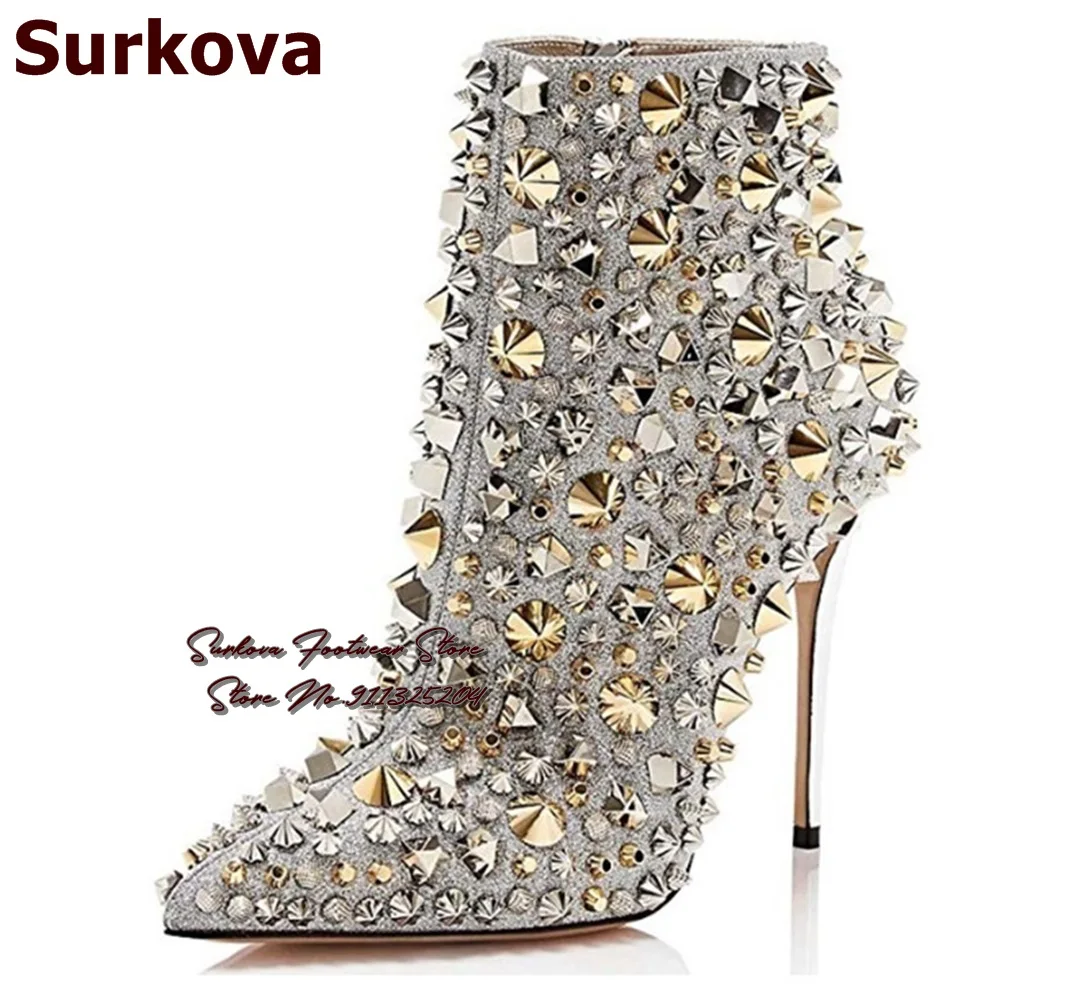 Surkova Glitter Gold Metallic Studs Ankle Boots Stiletto Heel Silver Shell Spikes Pointed Toe Booties Celebrity Dress Shoes