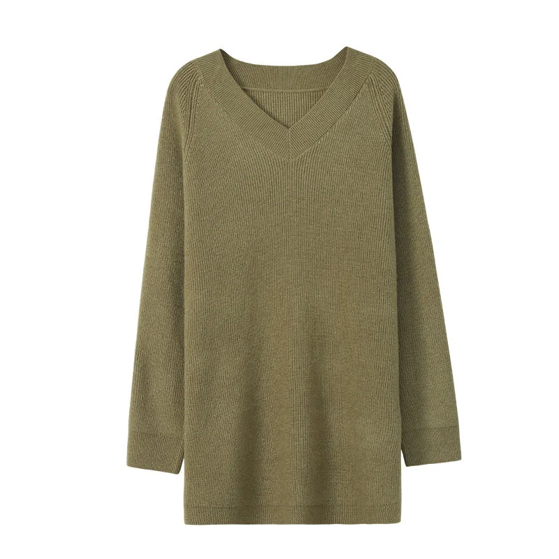 200kg Wearable Medium Length Sweater For Women With Loose V-neck Solid Color Top Trendy Female Fashionable Knitwear Undershirt