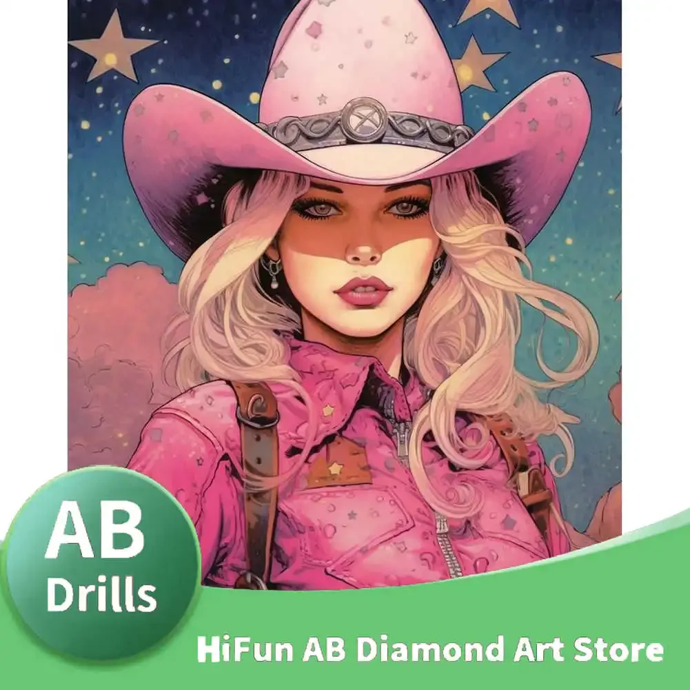 Handmade DIY AB Diamond Painting Kit Pink Cowgirl Art Embroidery Diamond Mosaic Adventurous Woman Lady Home Decoration