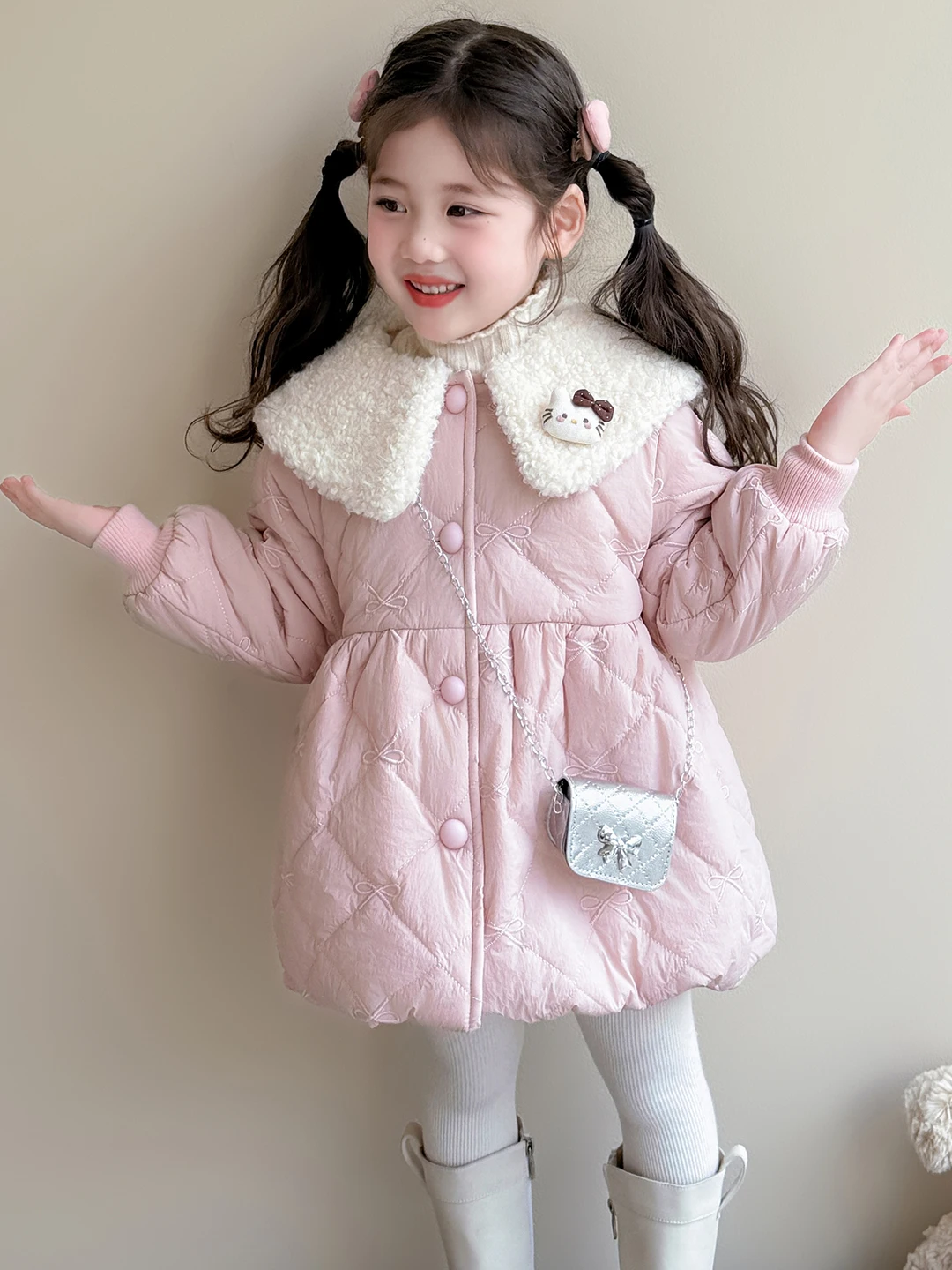 

Girls Fce Lined Jaet Winter Thi Warm Cotton Coat Embroidered Knot Red Cottonwear Sweet Loose Fit Long Sve