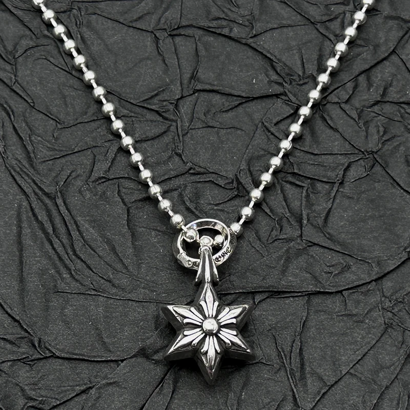 

S925 sterling silver retro old ring hexagram pendant necklace men and women European and American hip hop niche