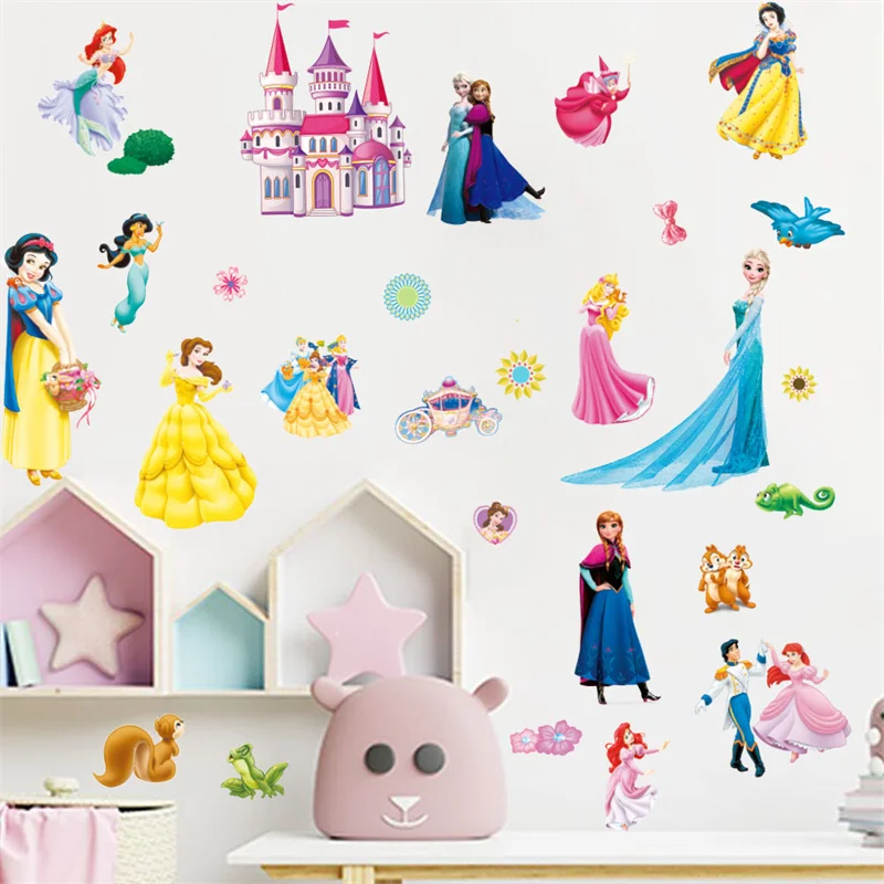 Disney Lovely Snow White Cinderella Aurora Princess Wall Stickers For Kids Room Home Decoration Frozen Wallpaper Living Room