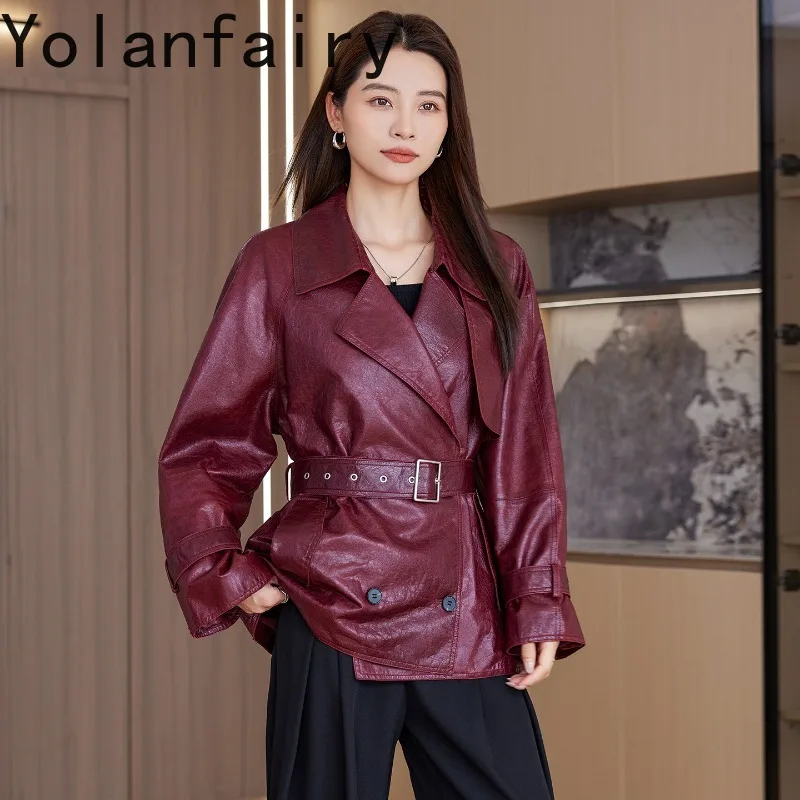 YOLANFAIRY 2026 Spring Autumn Genuine Sheepskin Leather Jacket Women Korean Style Short Waist Tie Slim Elegant Real Leather Coat